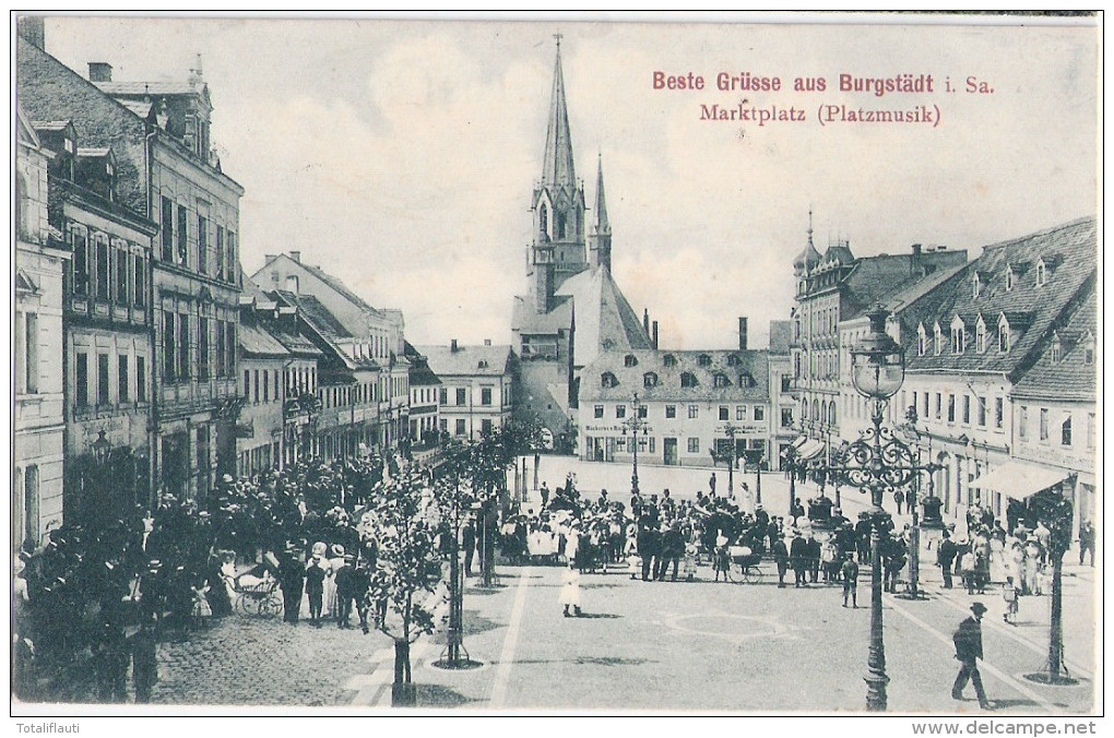 Beste Grüsse Aus BURGSTÄDT In Sachsen Belebt Markt Platzmusik Grünlich 3.1.1910 Gelaufen - Burgstädt