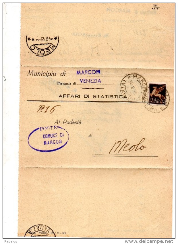 1945 LETTERA CON ANNULLO MARCON  VENEZIA + MEOLO - Poste Aérienne