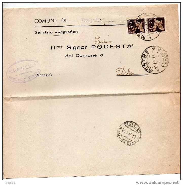 1945 LETTERA CON ANNULLO MESTRE VENEZIA + DOLO - Correo Aéreo