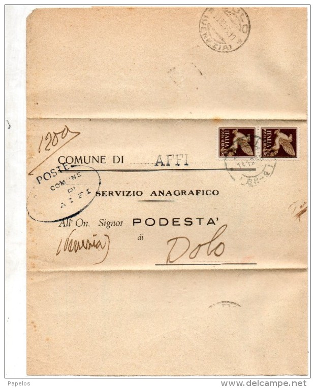 1945 LETTERA CON ANNULLO AFFI  VERONA + DOLO VENEZIA - Poste Aérienne