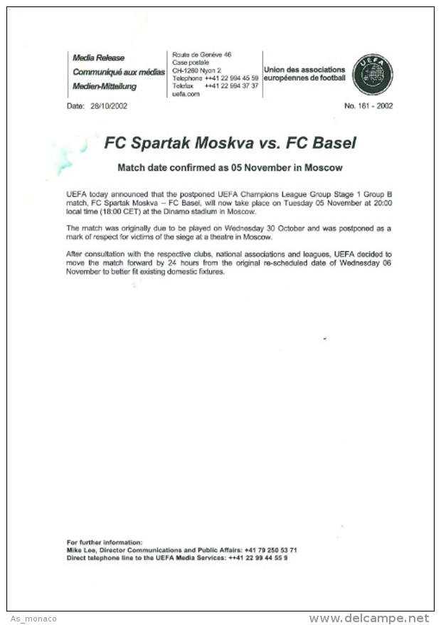 Press Iinfo Sheet Football Postponement 2002 2003 Spartak Moscow (Russia Soviet Union) V Basel (Swizerland) UEFA CL C... - Books