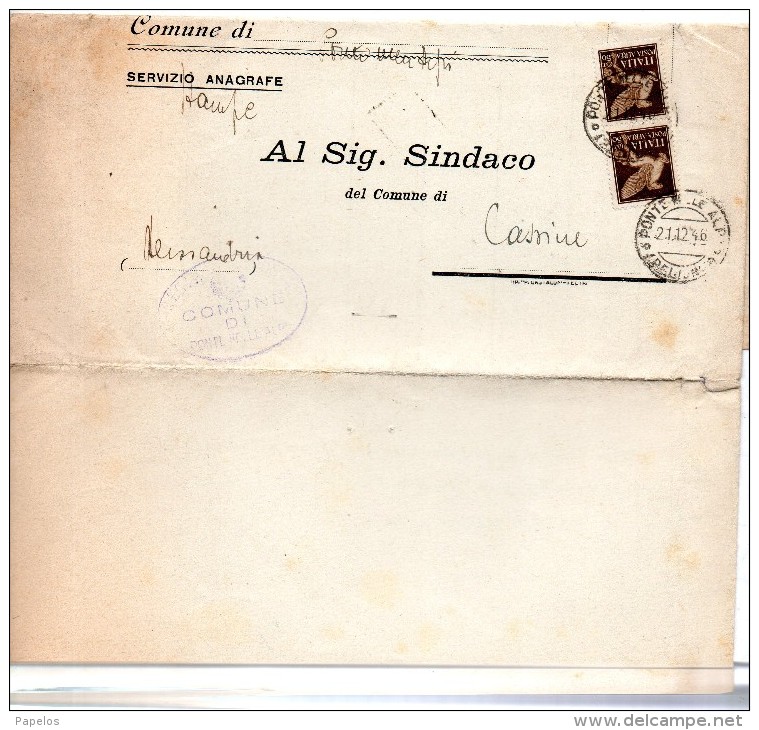 1946 LETTERA CON ANNULLO PONTE NELLE ALPI BELLUNO + CASSINE ALESSANDRIA - Luftpost