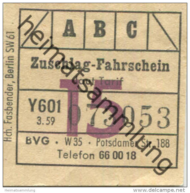 BVG - Berlin Potsdamer Str. 188 - Zuschlag-Fahrschein 1959 - Europe