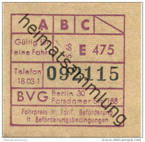 BVG - Berlin Potsdamer Str. 188 - Fahrschein 1966 - Europe