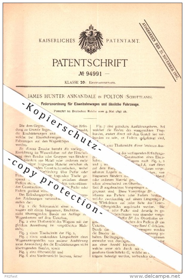 Original Patentschrift - J. Annadale In Polton , Scotland , 1897 , Suspension For Railway , Train , Lasswade !!! - Railway