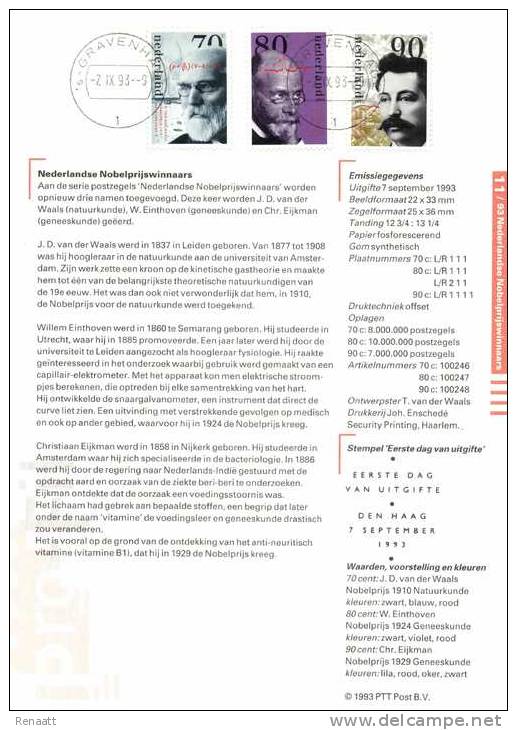 Netherlands 1993 Mi. 1484-1486 FD Sheet Pro-Fil, Dutch Nobel Price Vd Waals Physics, Einthoven Eijkman Medicine - Nobelpreisträger