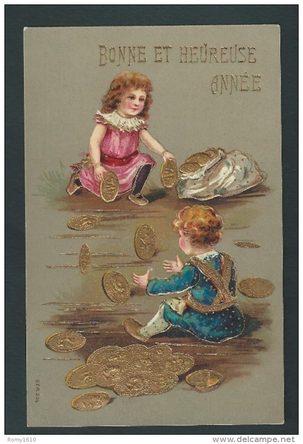 Bonne Année. Enfants Jouant Avec Des Pièces D'or. Monnaie, Porte-bonheur. Litho Gaufrée, Embossed. 2 Scans - Monnaies (représentations)