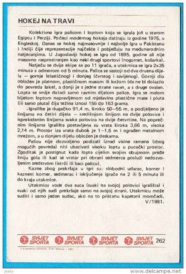 FIELD HOCKEY - Yugoslav Card Svijet Sporta * LARGE * Feldhockey Hockey Sur Gazon Campo Da Hockey Sobre Hierba Em Campo - Other & Unclassified