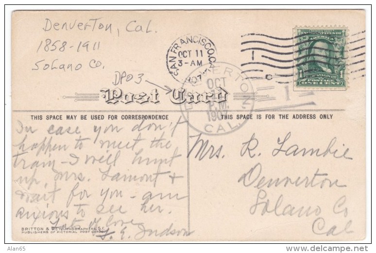 Denverton California DPO-3 Closed Post Office Solano County, Doane, Cancel Postmark On 1900s Vintage Postcard - Postal History