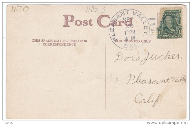 Pleasant Valley California DPO-3 Closed Post Office, El Dorado County Cancel Postmark On 1900s Vintage Postcard - Postal History