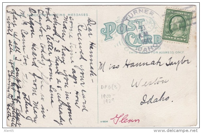 Turner Idaho, Caribou County DPO-3 Cancel Postmark On 1910s Vintage Postcard - Marcophilie