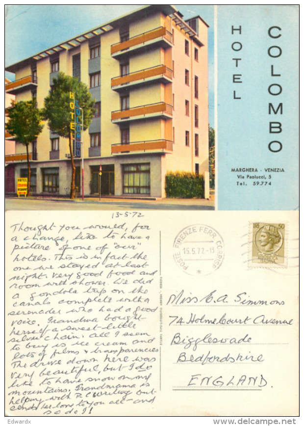 Hotel Colombo, Marghera, VE Venezia, Italy Postcard Posted 1972 Stamp - Venezia