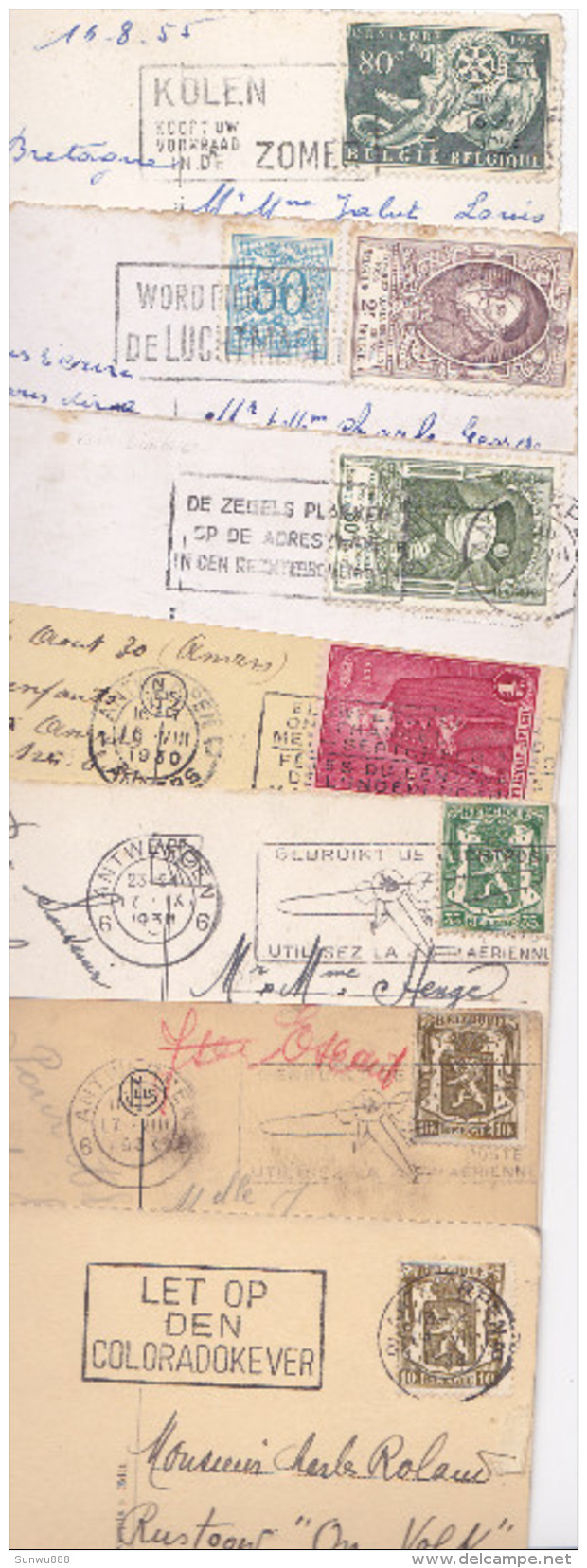 Anvers - Lot 7 Cartes : Timbres, Flamme Coloradokever, Luchtpost, Kolen In De Zomer...) - Andere & Zonder Classificatie