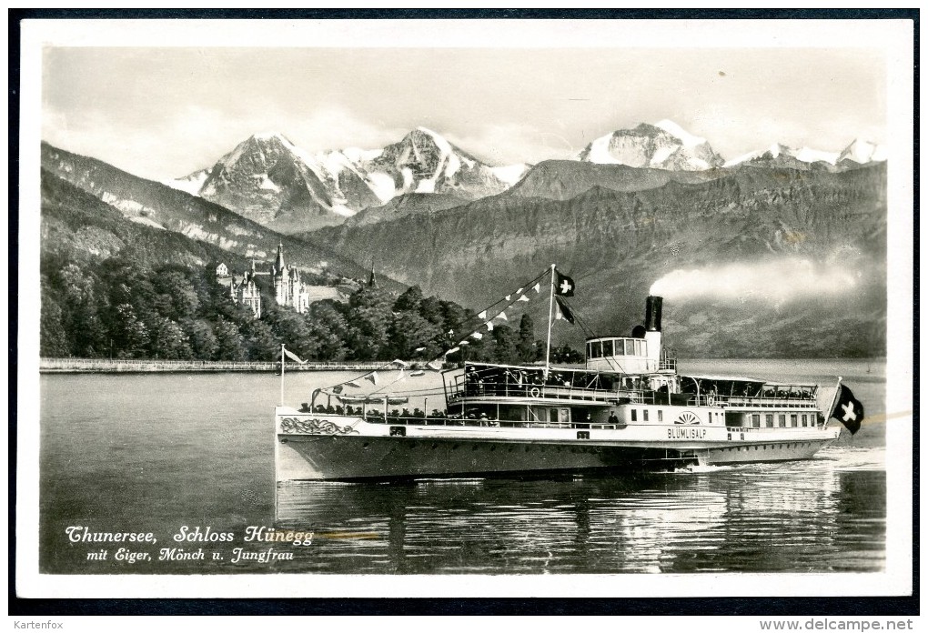 Thunersee, Schloss Künegg,Eiger, Mönch,Jungfrau, Dampfer Blümlisalp, Photoglob F 2705 - Autres & Non Classés