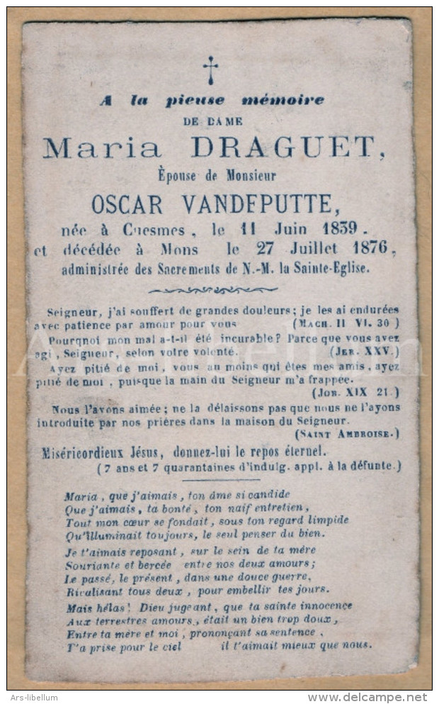 Photo-carte De Visite / CDV / Carte De Mortuaire / Doodsprentje / 2 Scans / Femme / Woman / Maria Draguet / 1876 / Mons - Overlijden