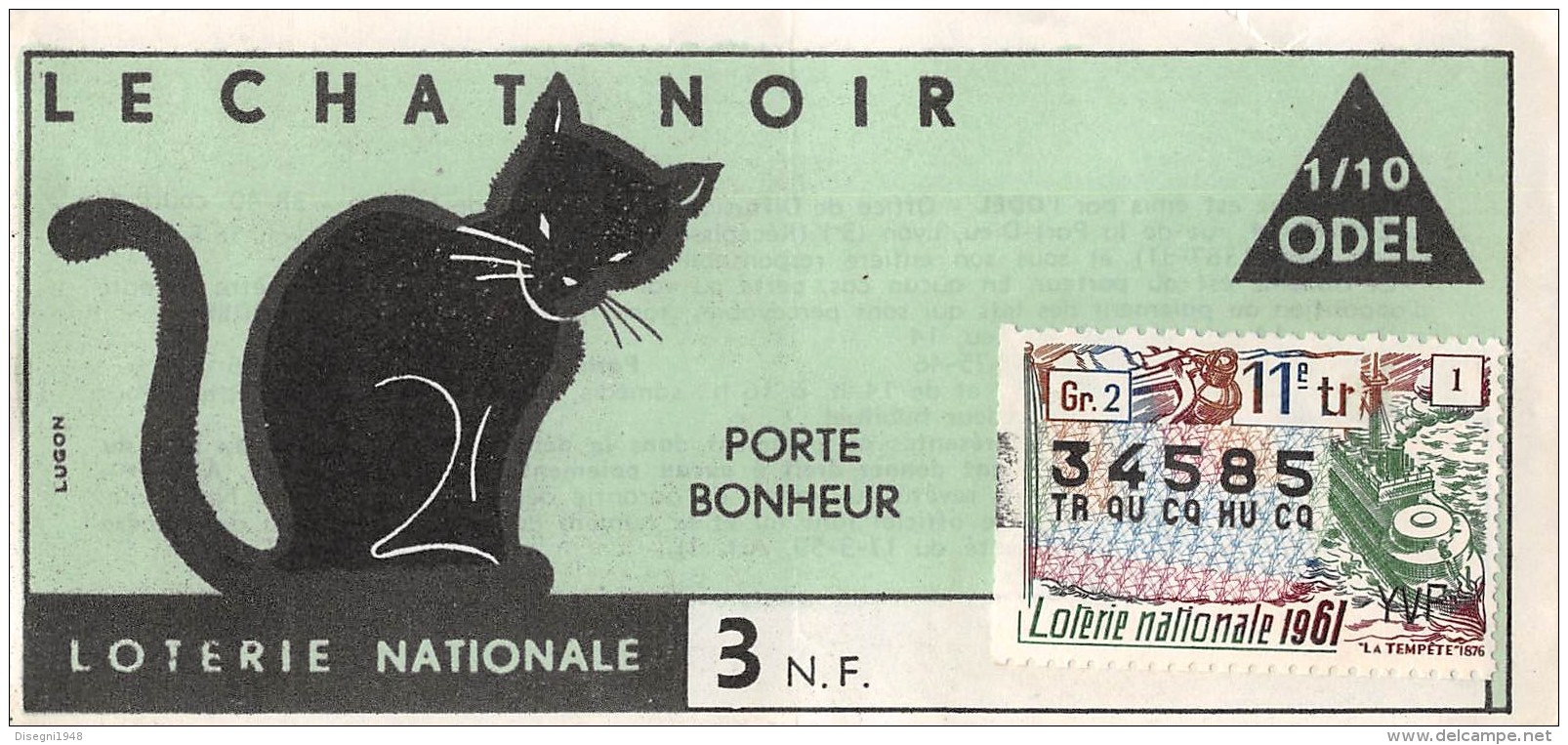 05992 "BIGLIETTO  DELLA LOTERIE NATIONALE - 1961 - LE CHAT NOIR - 11E TRANCHE N° 34585" ORIGINALE - Biglietti Della Lotteria