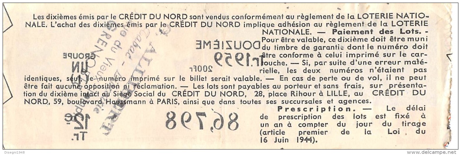 05996 "BIGLIETTO  DELLA LOTERIE NATION.- 1959 - CREDIT DU NORD - 12E TRANCHE N° 86798" ORIGIN. - Biglietti Della Lotteria