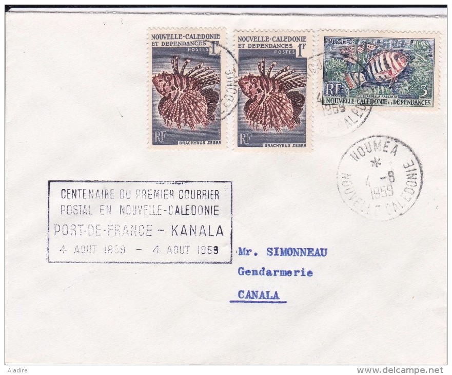 1959 - Nouméa, Nouvelle Calédonie - Centenaire 1er Courrier Postal - Enveloppe Nouméa Canala - 3 Timbres - Lettres & Documents