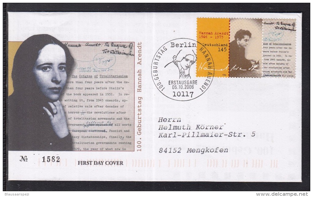 A 70 ) Bund Germany 2006  FDC  -  100. Geburtstag Von Hanna Arendt - Storia Postale