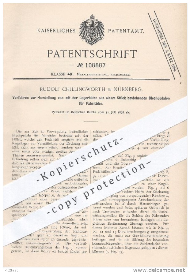 Original Patent - Rudolph Chillingworth In Nürnberg , 1898 , Blechpedalen Für Fahrräder , Pedal , Fahrrad , Kugellager ! - Historische Dokumente