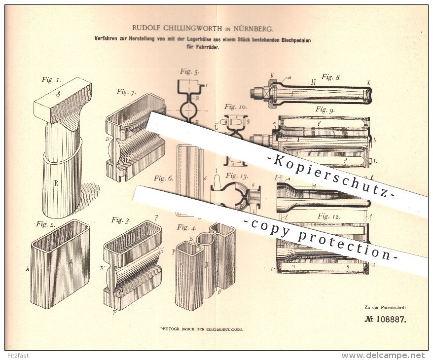 Original Patent - Rudolph Chillingworth In Nürnberg , 1898 , Blechpedalen Für Fahrräder , Pedal , Fahrrad , Kugellager ! - Historical Documents