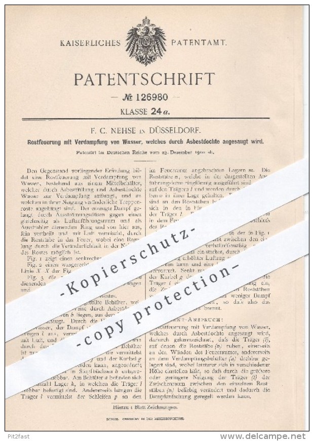 Original Patent - F. C. Nehse In Düsseldorf , 1900 , Rostfeuerung Mit Verdampfung Von Wasser , Feuerung , Rost , Ofen ! - Historische Dokumente