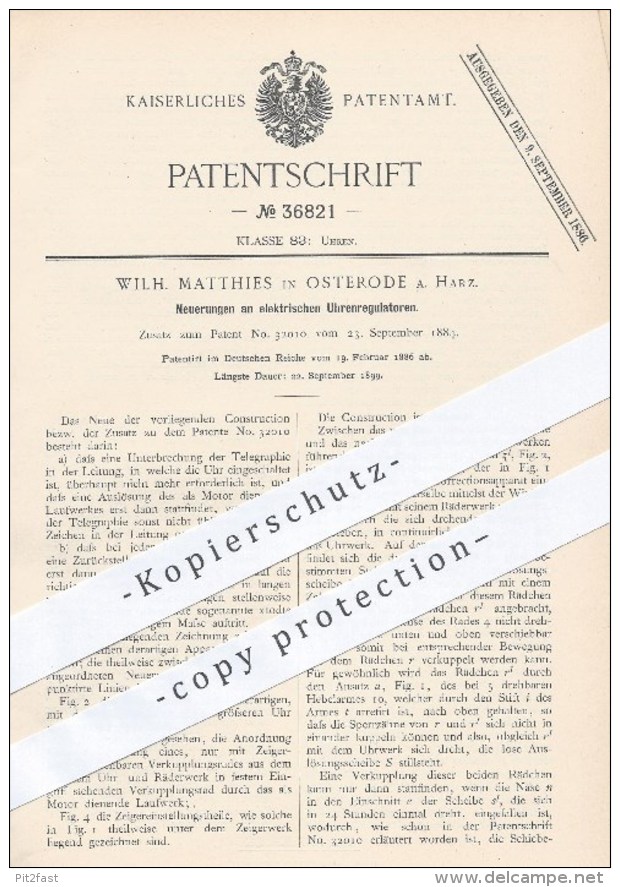 Original Patent - W. Matthies , Osterode / Harz , 1886 , Elektrische Uhren - Regulatoren , Uhr , Regulator , Uhrmacher - Historische Dokumente