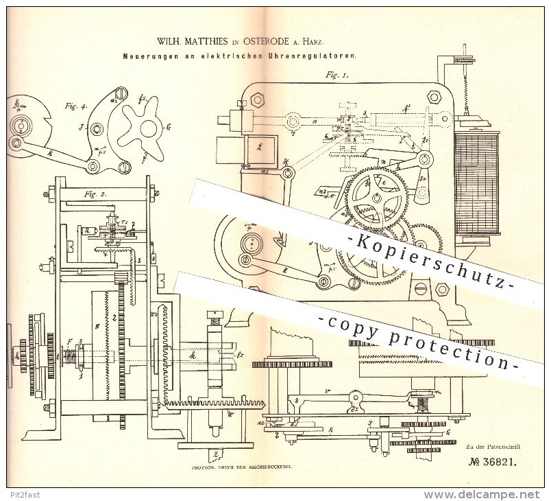 Original Patent - W. Matthies , Osterode / Harz , 1886 , Elektrische Uhren - Regulatoren , Uhr , Regulator , Uhrmacher - Historische Dokumente