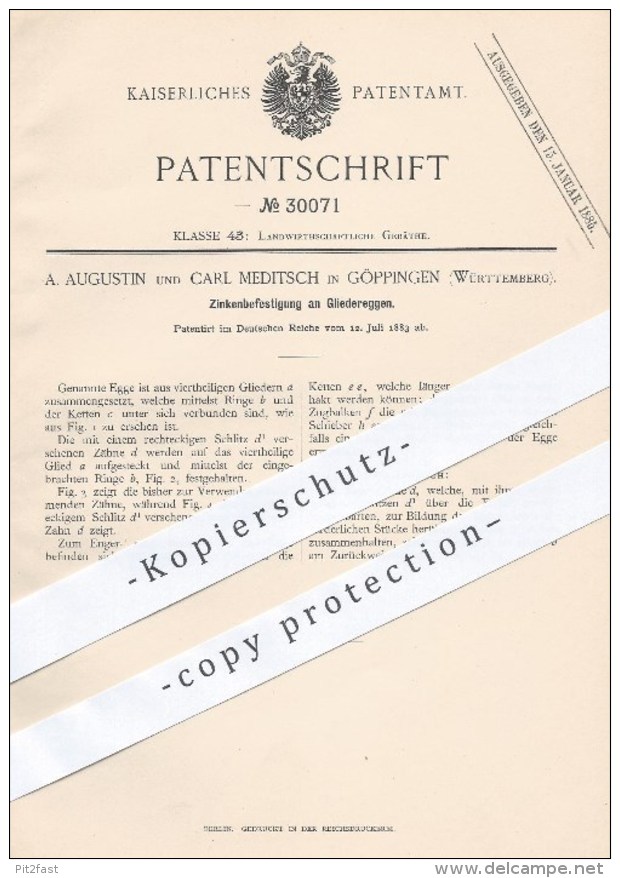 Original Patent - A. Augustin U. C. Meditsch , Göppingen , 1883 , Zinkenbefestigung An Gliedereggen , Egge , Eggen !!! - Documentos Históricos