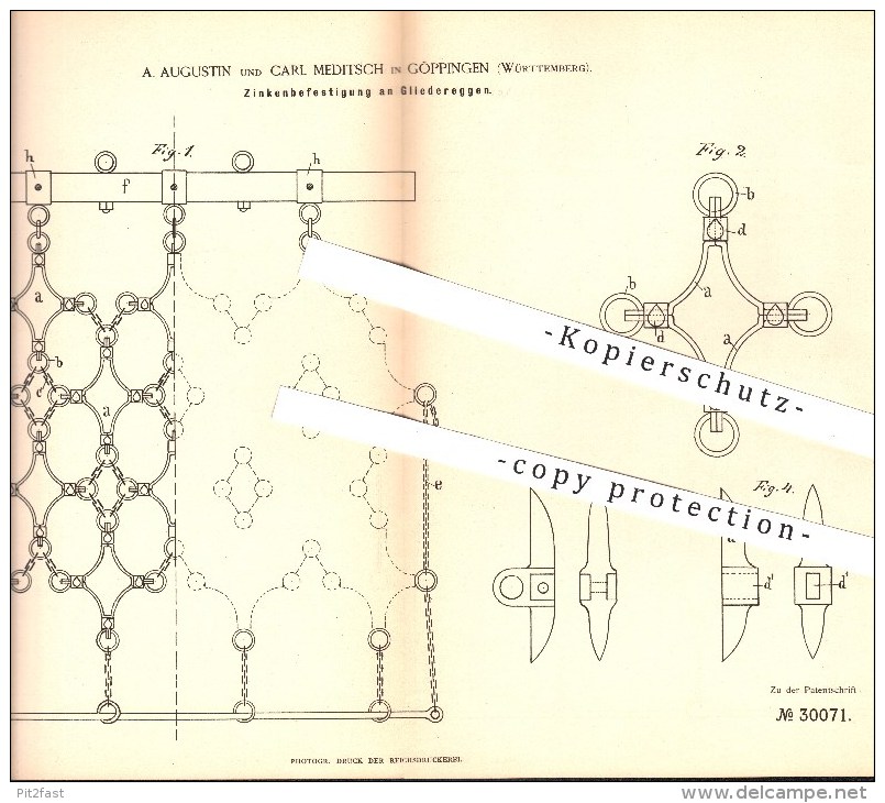 Original Patent - A. Augustin U. C. Meditsch , Göppingen , 1883 , Zinkenbefestigung An Gliedereggen , Egge , Eggen !!! - Historische Dokumente