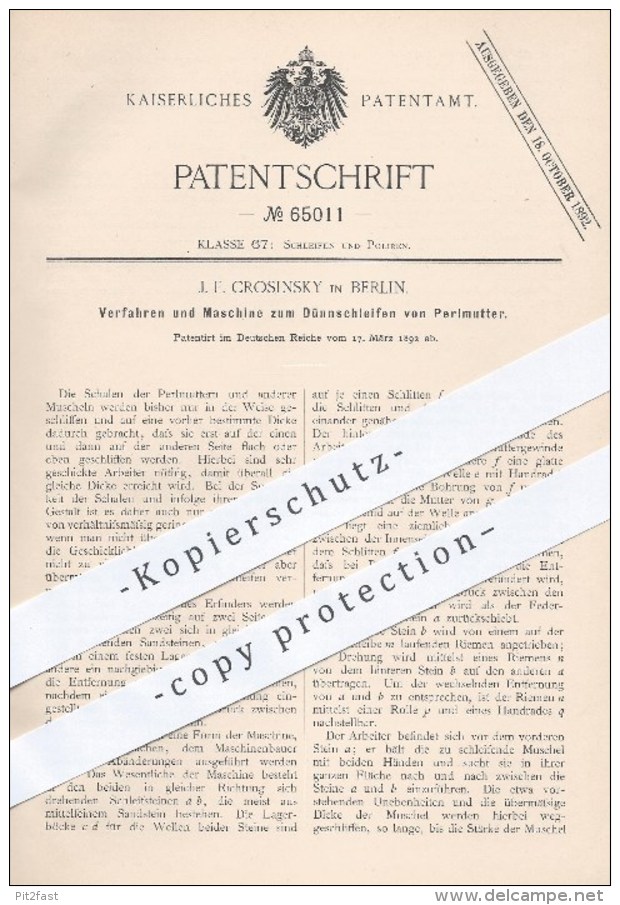 Original Patent - J. F. Crosinsky In Berlin , 1892 , Dünnschleifen Von Perlmutter , Perle , Perlen , Perlmutt , Muscheln - Historische Dokumente