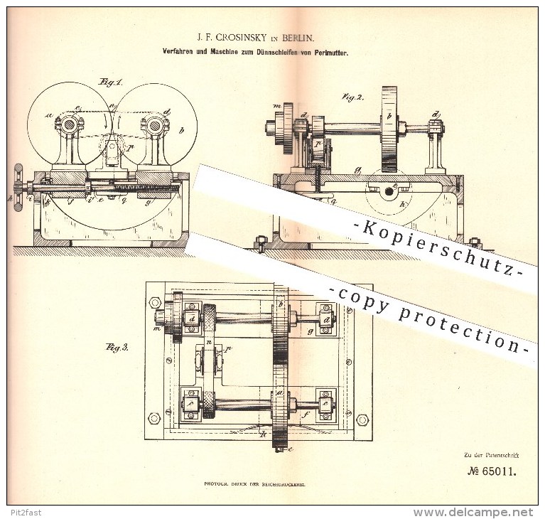 Original Patent - J. F. Crosinsky In Berlin , 1892 , Dünnschleifen Von Perlmutter , Perle , Perlen , Perlmutt , Muscheln - Historische Dokumente