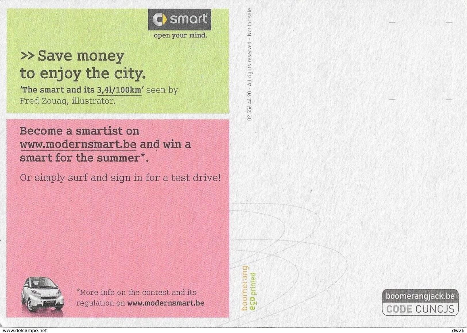 Publicité Smart - Save Money To Enjoy The City - Carte Non Circulée - Voitures De Tourisme