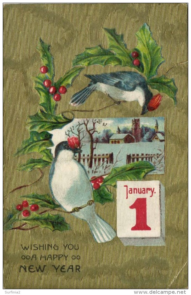 NEW YEAR - WISHING YOU A HAPPY NEW YEAR - 2 POSTCARDS WITH BIRDS ON GOLD  X6/X7 - New Year