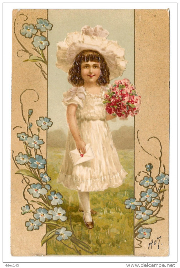 Vintage Embossed Postcard 1907 Edwardian Girl In White W Rose Bouquet Envelope - Portraits