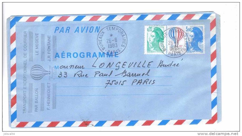 Aérogramme 1010 - Cachet Transport Exceptionnel De Courrier Par Ballon - Aérogrammes