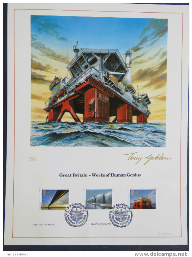 Great Britain 1983 FDC Lithograph - Works Of Human Genius - CEPT - Bridge Flood Barrier Emergency Oil Rig Support - S... - Covers & Documents