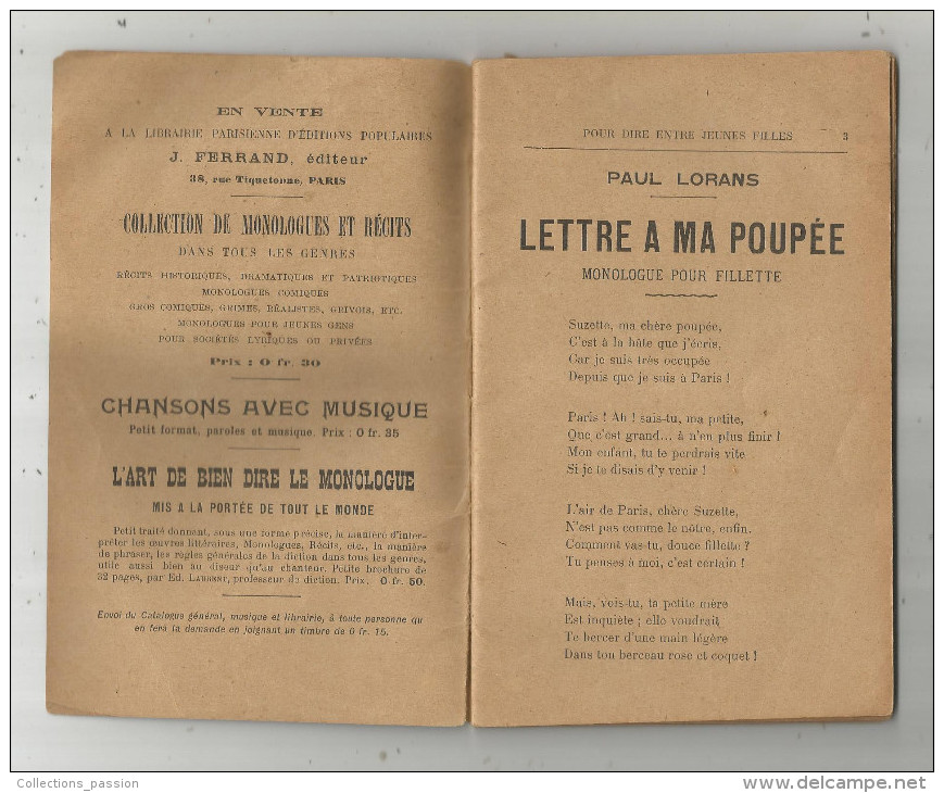 Recueil De Monologues Pour Jeunes Filles Et Fillettes , POUR DIRE ENTRE JEUNES FILLES , 4 Scans ,  Frais Fr :1.95€ - Franse Schrijvers