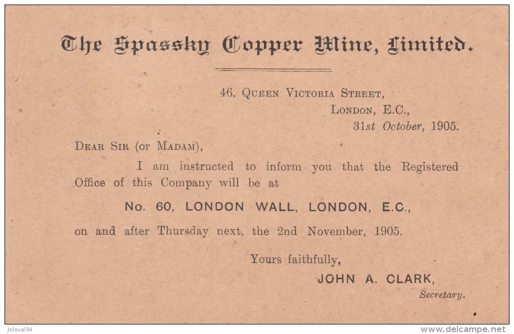 Grande Bretagne Entier Postal Privé Repiquage The Spassky Copper Mine ( Russie Russia ) London 1905 Pour Paris - Interi Postali