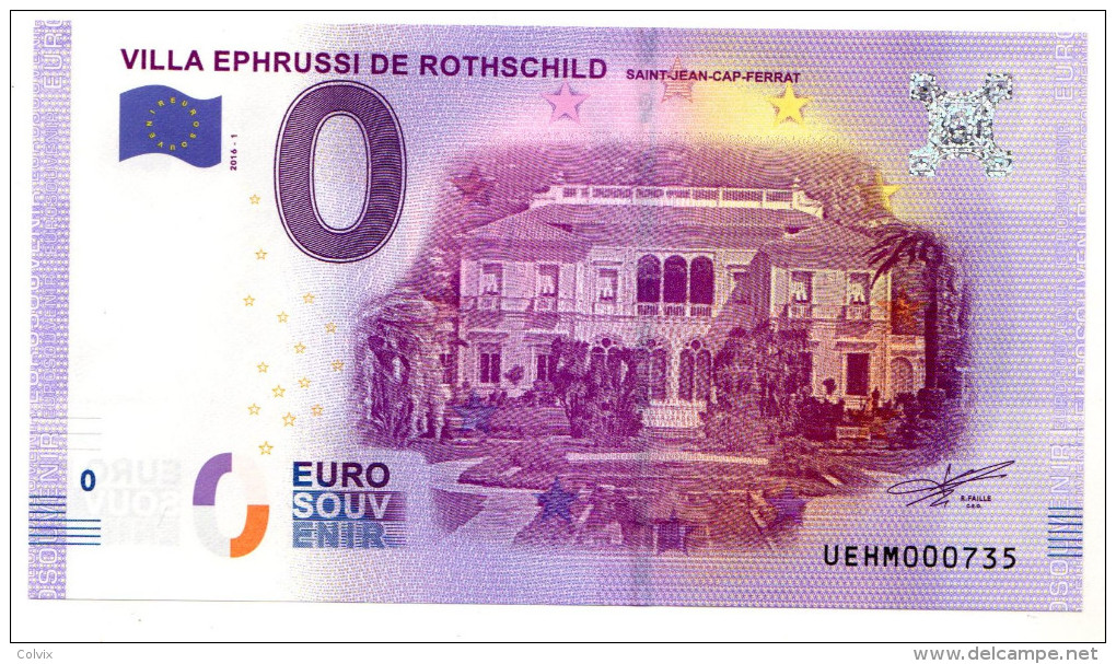 2016-1 BILLET TOURISTIQUE 0 EURO SOUVENIR N° 000735 VILLA EPHRUSSI DE ROTHSCHILD - Privatentwürfe