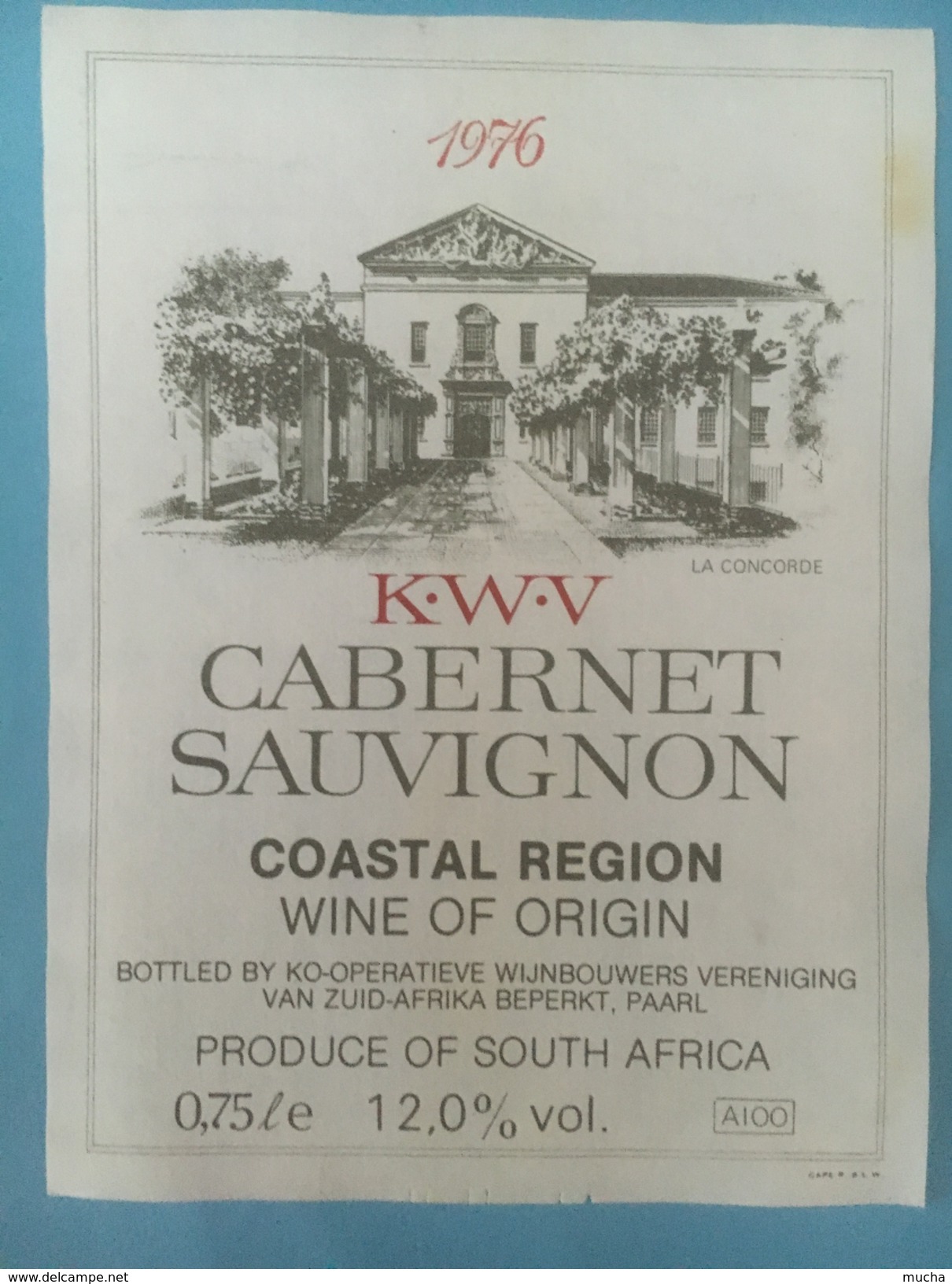 1345 - Afrique Du Sud K.W.V Cabernet Sauvignon Coastal Region 1976 - Autres & Non Classés