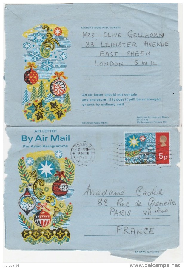 Grande Bretagne Entier Postal Aérogramme Illustré Noël Kandsworth 1973 Pour Paris - Luftpost & Aerogramme