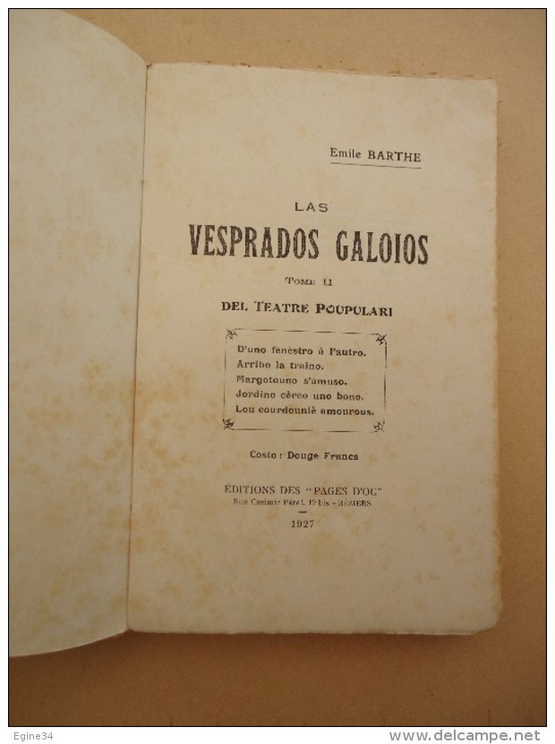 OCCITAN - Emile BARTHE - Las Vesprados Galoios - Tome II  Del Teatre Poupulari - 1927 - Languedoc-Roussillon