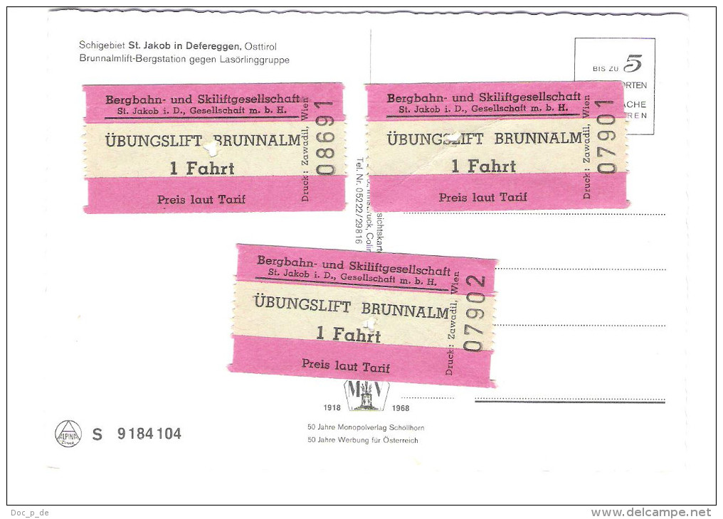 Österreich - St. Jakob In Defereggen - Osttirol - Brunneralmlift Bergstation - RS Übungslift Fahrkarten - Defereggental