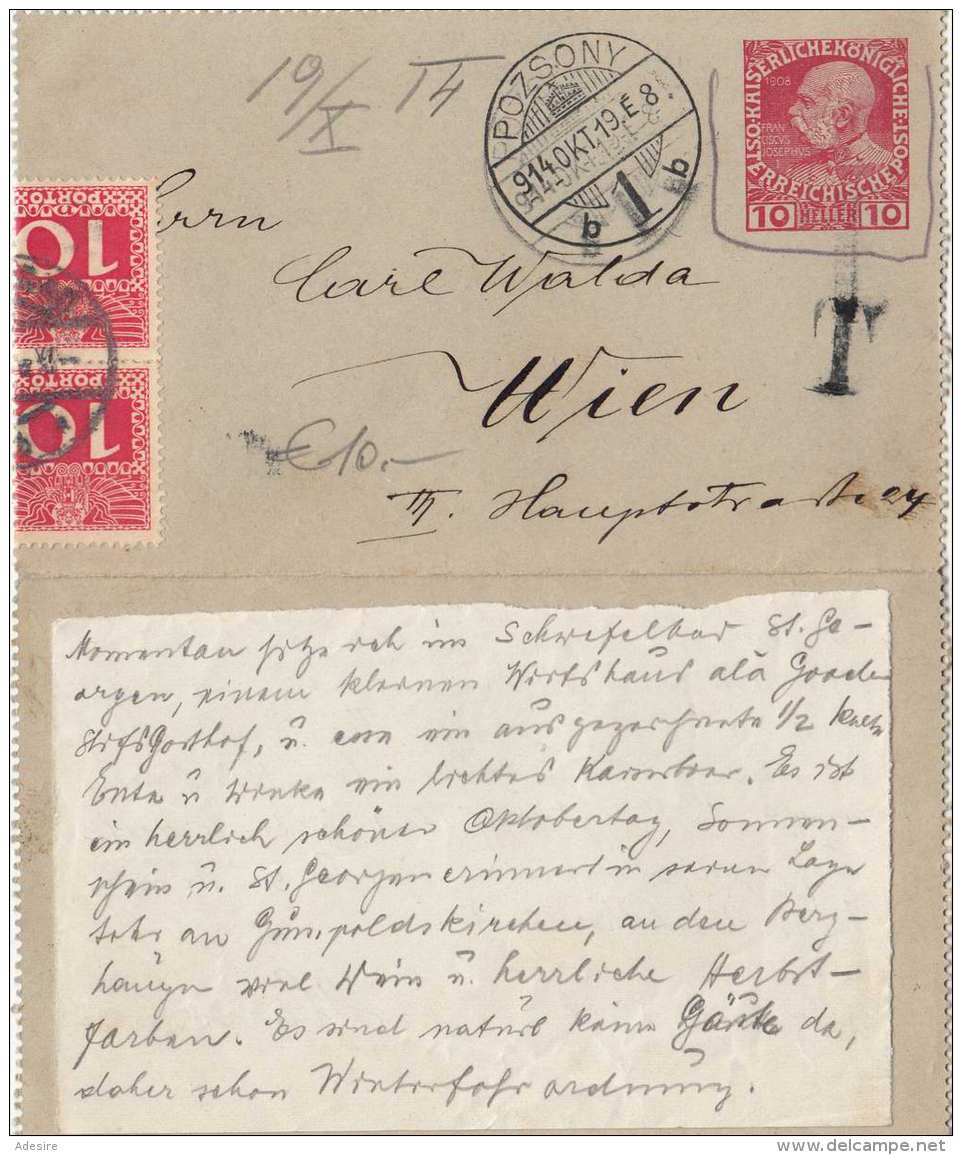 ÖSTERREICH NACHPORTO 1918? - 2 X 10 Heller Nachporto + 10 Heller Ganzsache Auf Kartenbrief Gel.v. Pozsony &gt; Wien - Portomarken