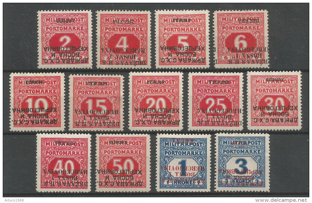 Yugoslavia Bosnia Kingdom SHS Postage Due Taxe Mi.Porto 1/13K Complete Set With INVERTED OVERPRINT MH / * 1918 - Portomarken