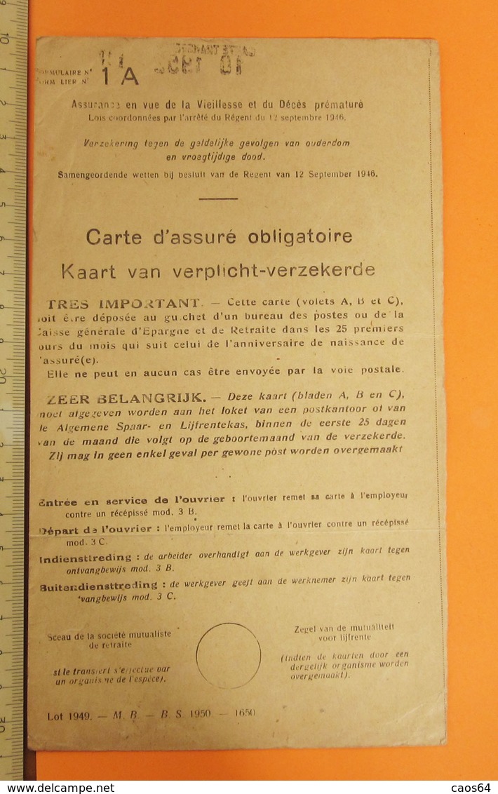 CARTE D'ASSURE OBLIGATOIRE   1952 - Italien