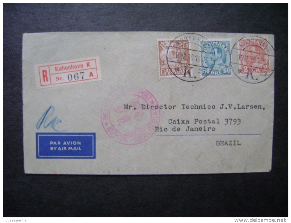 DENMARK - REGISTERED LETTER FROM COPENHAGEN TO RIO DE JANEIRO (BRAZIL) IN 1938 AS - Poste Aérienne