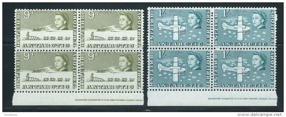 British Antarctic Territory 1963 QEII  9d Sled & 1/- Plane Definitives Part Imprint Blocks Of 4 MNH - Unused Stamps