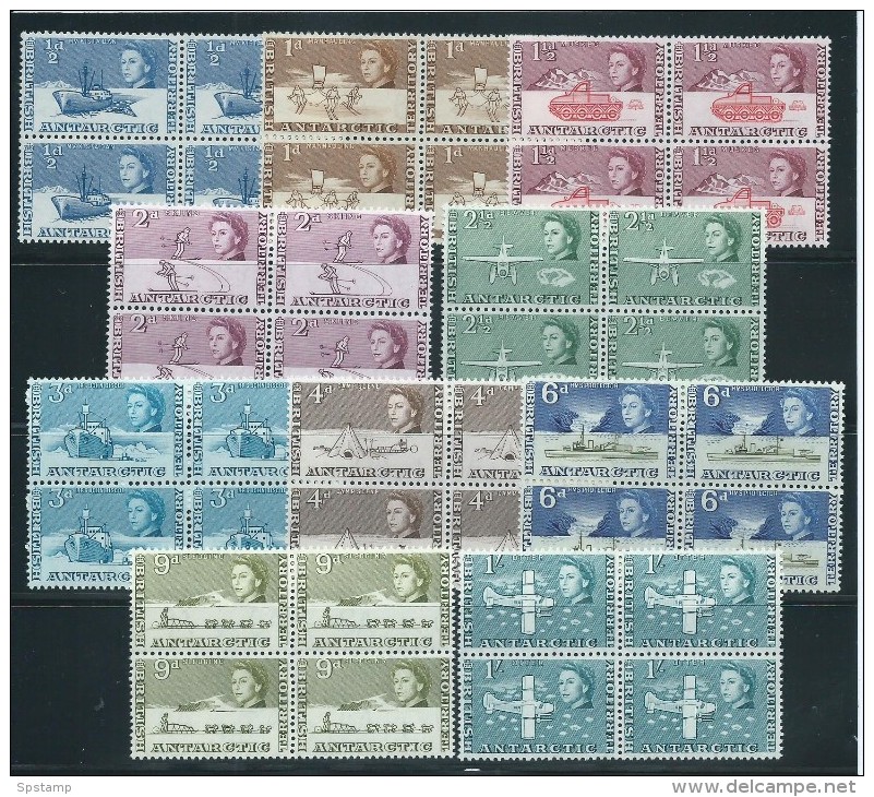 British Antarctic Territory 1963 QEII Definitive Short Set Of 10 To 1/- Plane MNH Blocks Of 4 - Unused Stamps